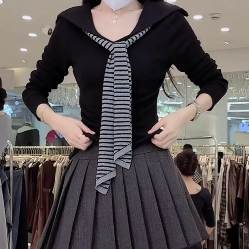 【慵懒时光】2025秋季新款飘带翻领针织上衣C5924