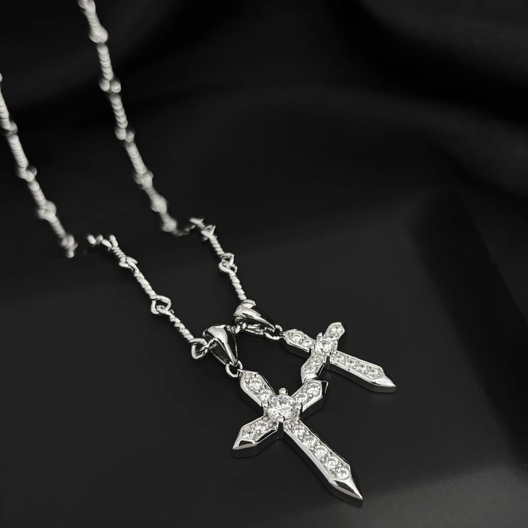 坠链均925银 男女款2025新款不规则双十字架吊坠毛衣链时尚锁骨链