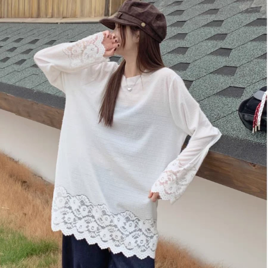 少女拼接长袖内搭蕾丝衫女春秋2025新款宽松休闲显瘦慵懒打底上衣