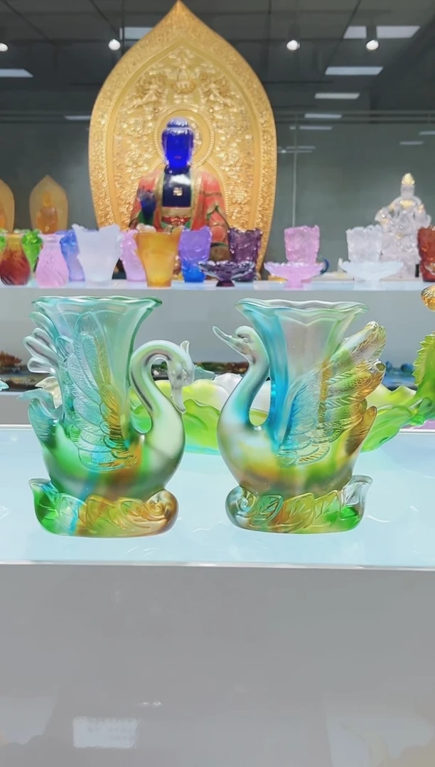 手工艺品琉璃古法琉璃一对天鹅花瓶