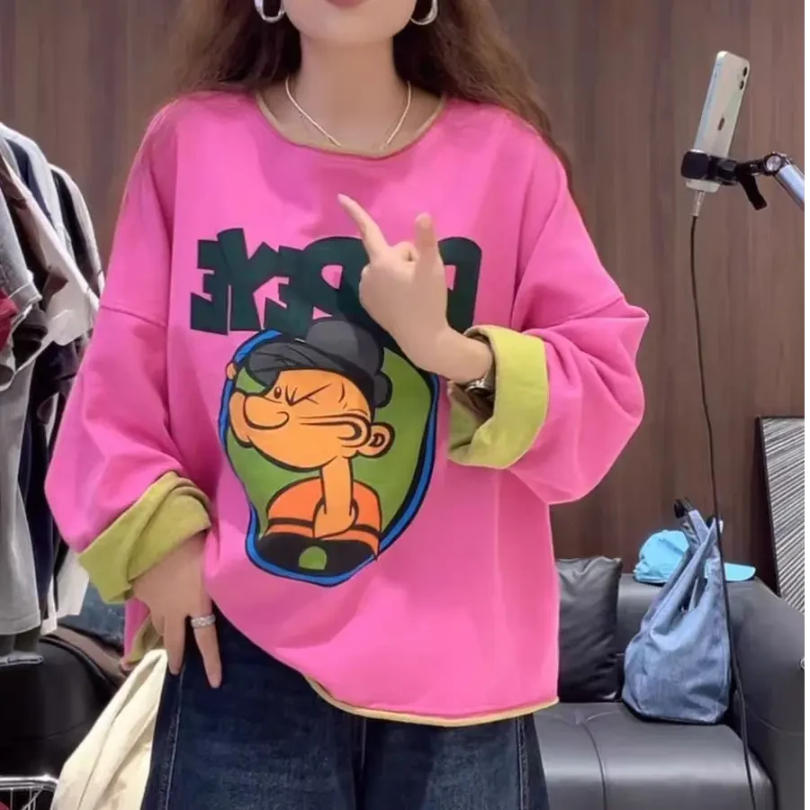 25年秋冬韩系双色毛圈撞色卫衣卡通图案T恤休闲时尚打底衫1098