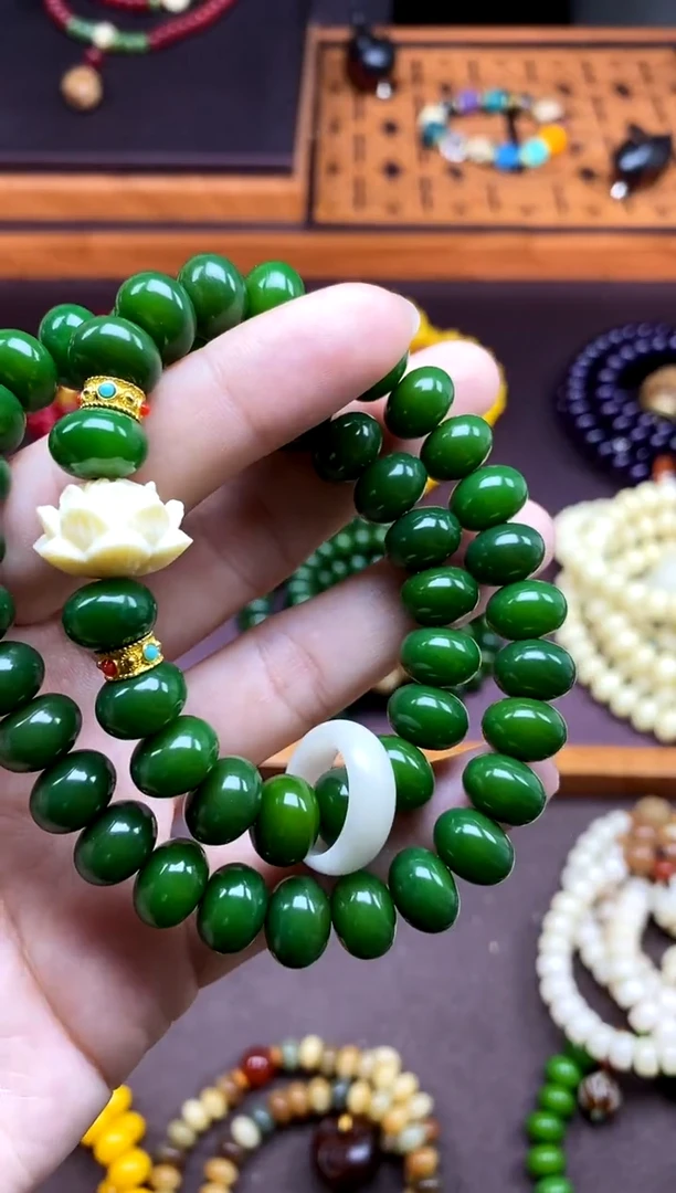 手串白玉菩提翠微 绿菩提双圈手串带莲花