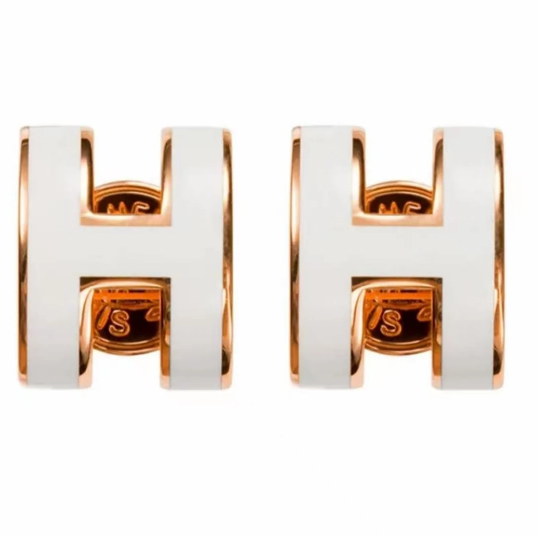 未使用 Hermes/爱马仕 爱马仕H系列 白玫 珐琅耳钉