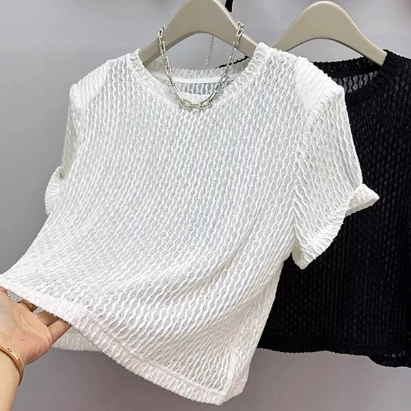 080#短袖T恤女春夏新款欧韩货波浪纹宽松百搭显瘦网红短款上衣ins