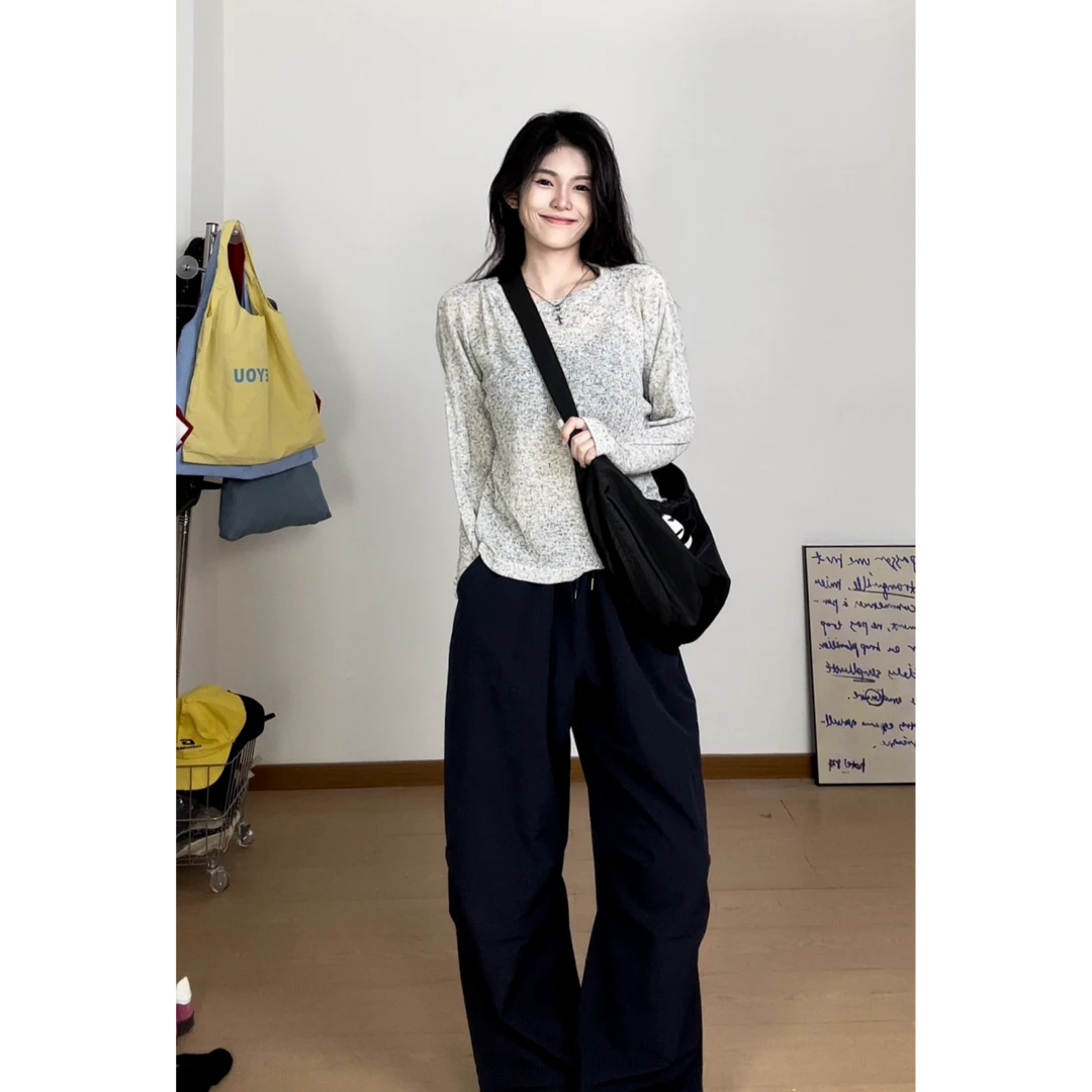 2025抽绳休闲裤女春工装裤高腰长裤宽松垂感直筒阔腿裤时尚拖地裤