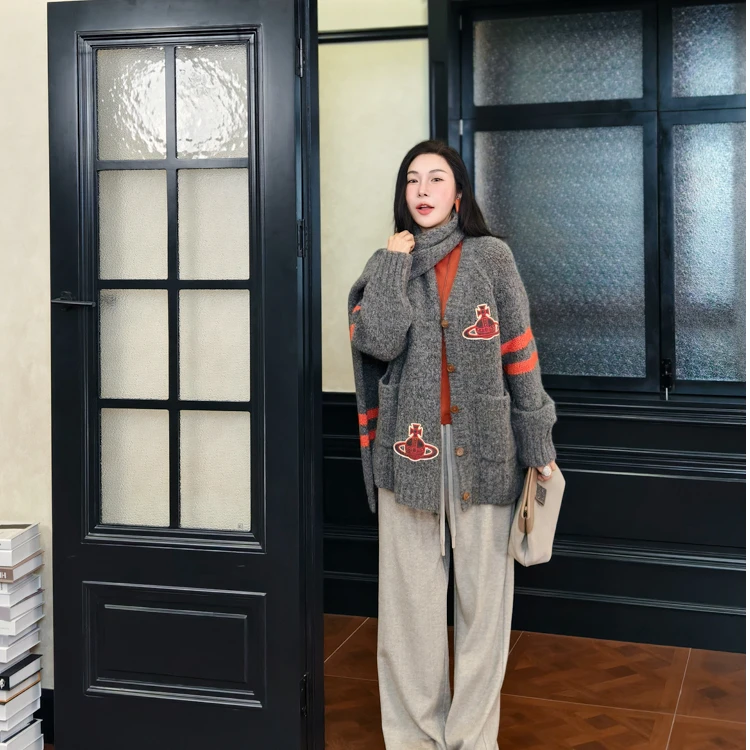 PENNYPENG土星环游记春季上新洋气休闲宽松舒适百搭灰色针织衫