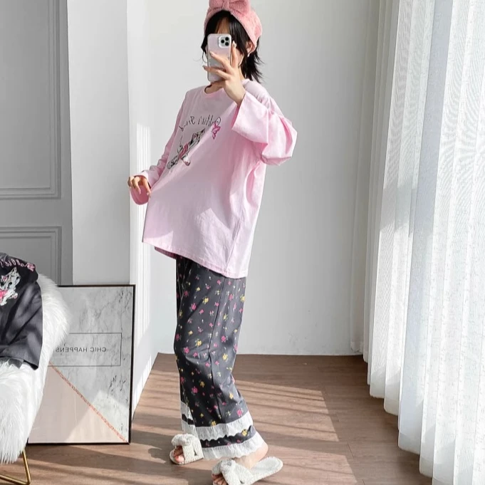 花边针织棉圆领卡通睡衣女长袖长裤加大肥码胖mm200斤宽松家居服