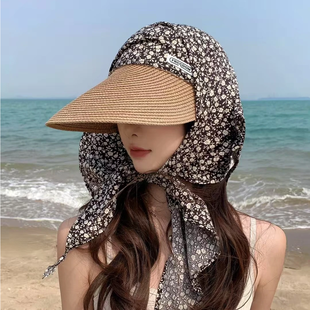 小碎花一体头巾防晒帽渔夫帽子女夏季防晒遮阳帽户外出游太阳草帽