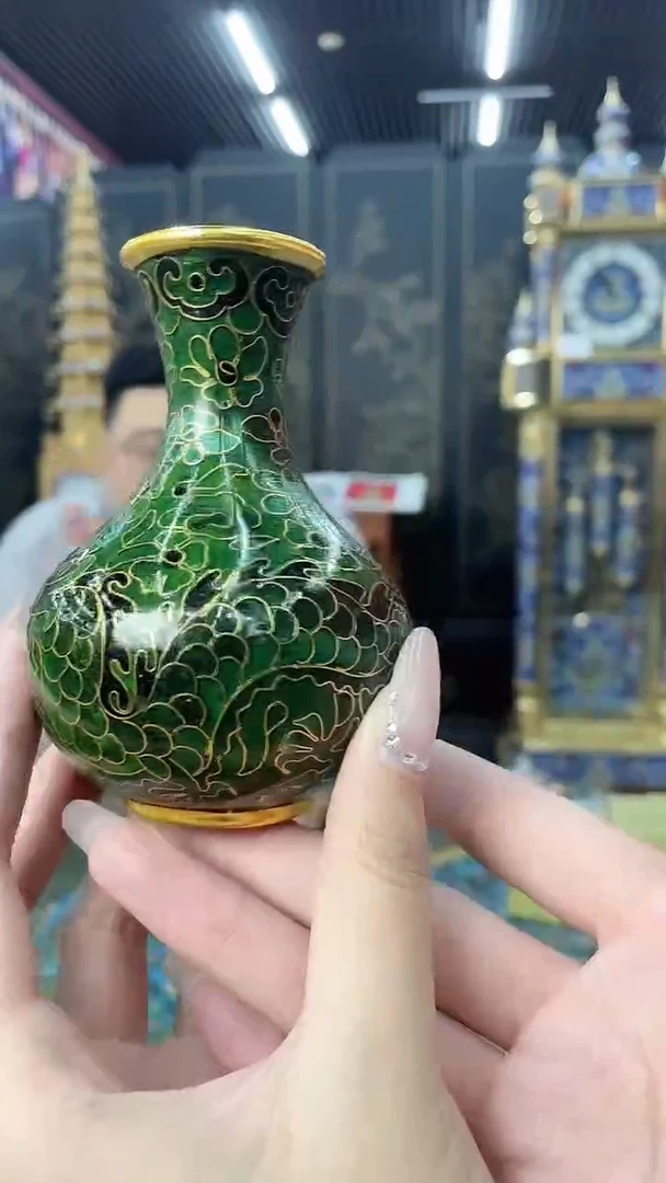 非遗手工景泰蓝玉壶春小瓶绿色万花龙