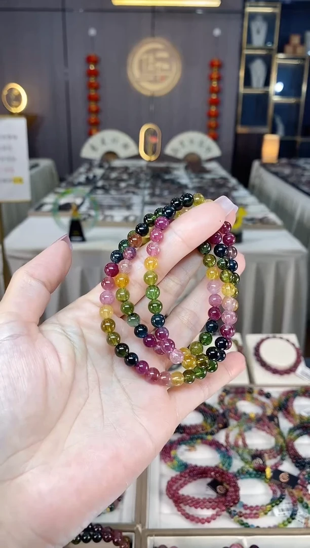 未镶嵌冰透体老矿碧玺彩虹三圈手串6mm+碧玺hon多样性发一条