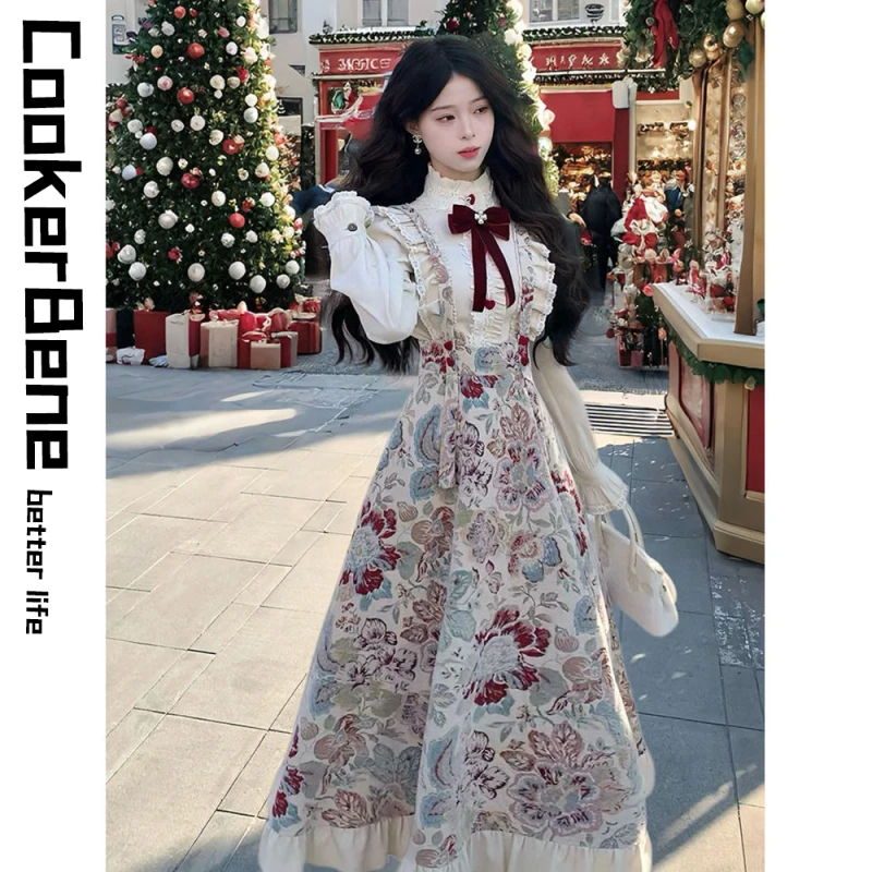 晨雾花诗 法式复古宫廷风裙子套装白色衬衫+收腰显瘦大提花背带裙