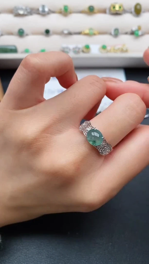 银S925镶嵌戒指翡翠缅甸天然A货翡翠11  5-1