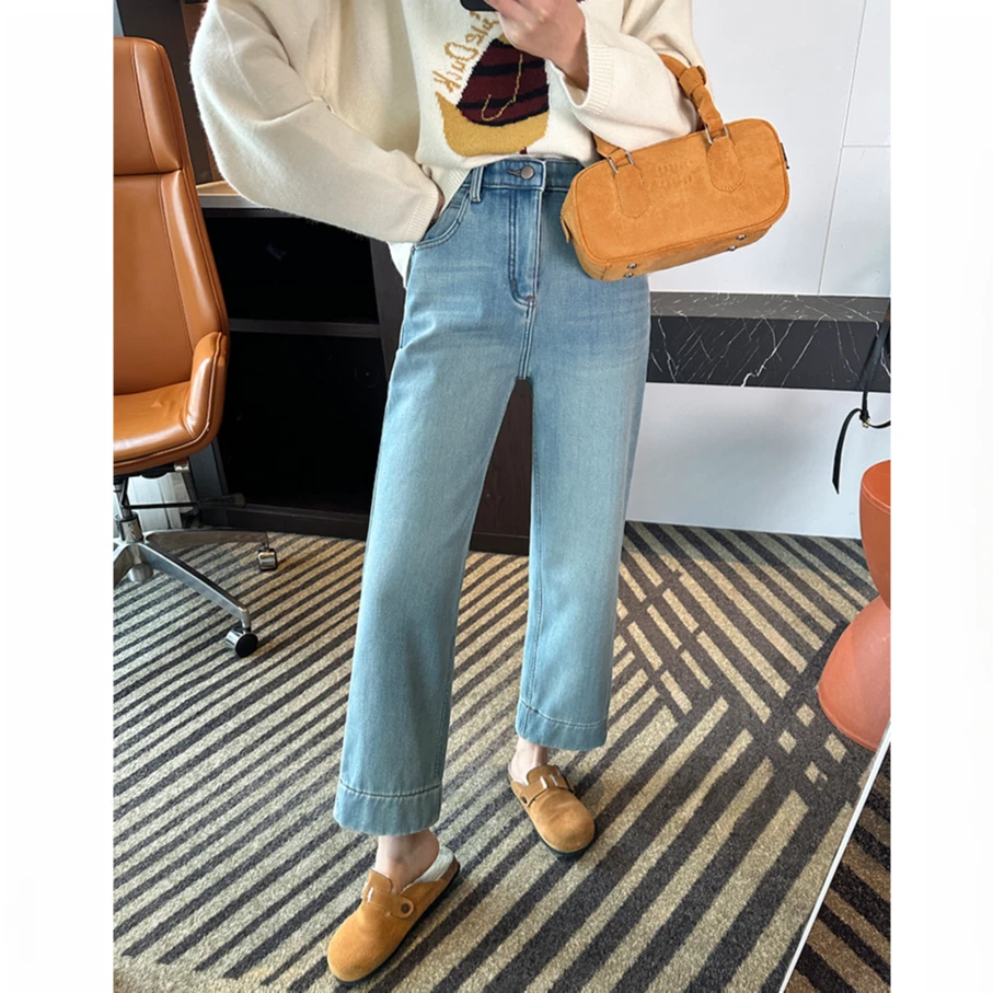 加绒加厚浅蓝直筒牛仔裤女秋冬新款梨形身材遮胯显瘦九分烟管裤子