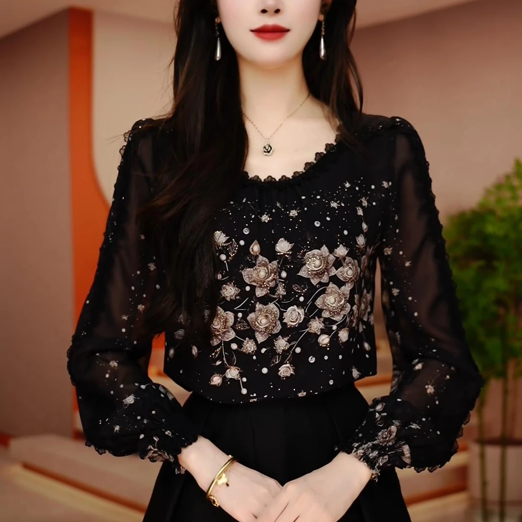 Y250019-新款琉璃双皱丝洋气时尚显瘦休闲气质印花女士长袖上衣