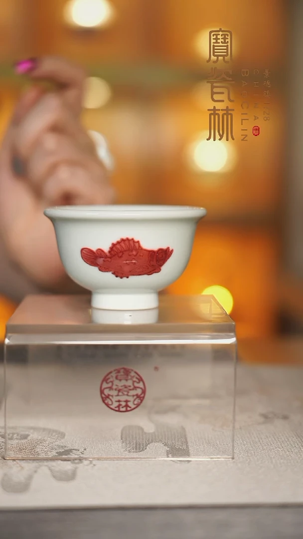 宝瓷林釉里红鲑鱼小压手杯