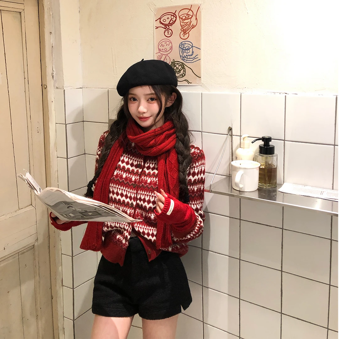 【费尔岛毛衣】韩系甜美少女2025春季撞色提花毛衣配高腰短裤两件套