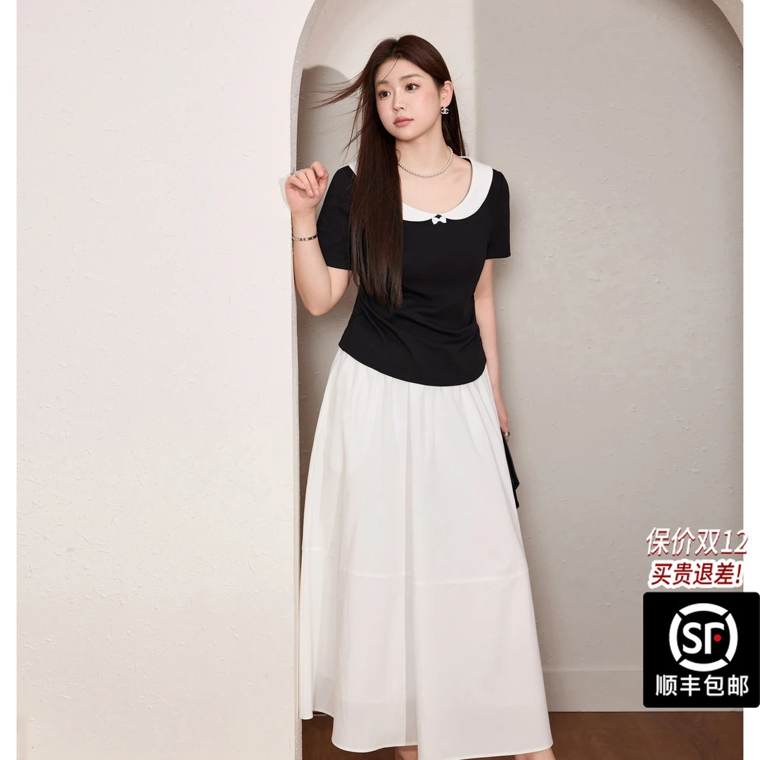 蓝语大码女装法式黑色显瘦短袖T恤高腰半身裙夏季两件套09870