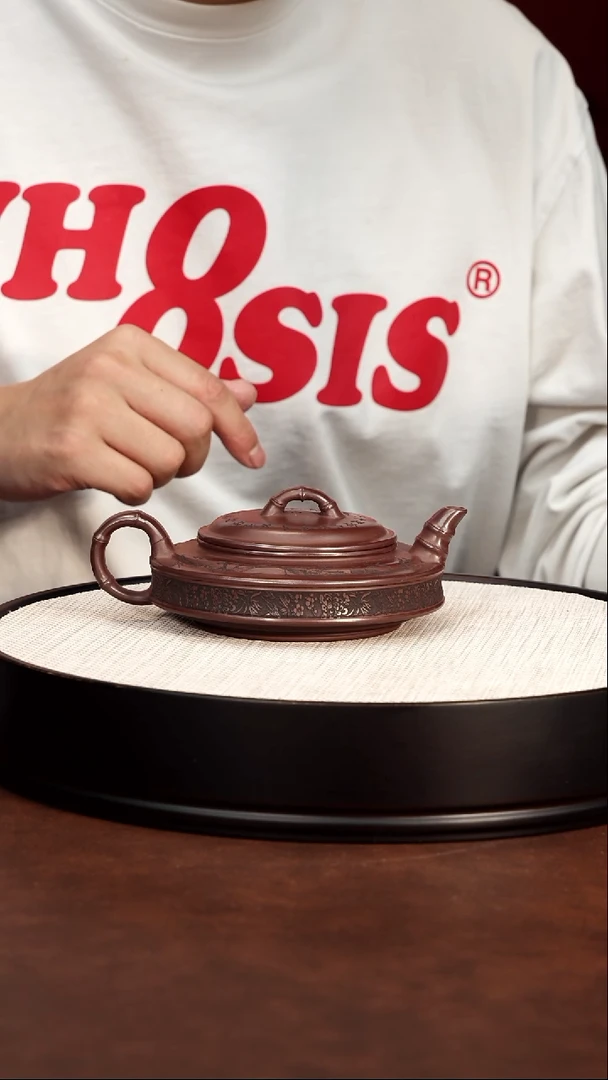 茶壶紫砂宜兴紫砂 双线竹鼓 龙山古乌泥