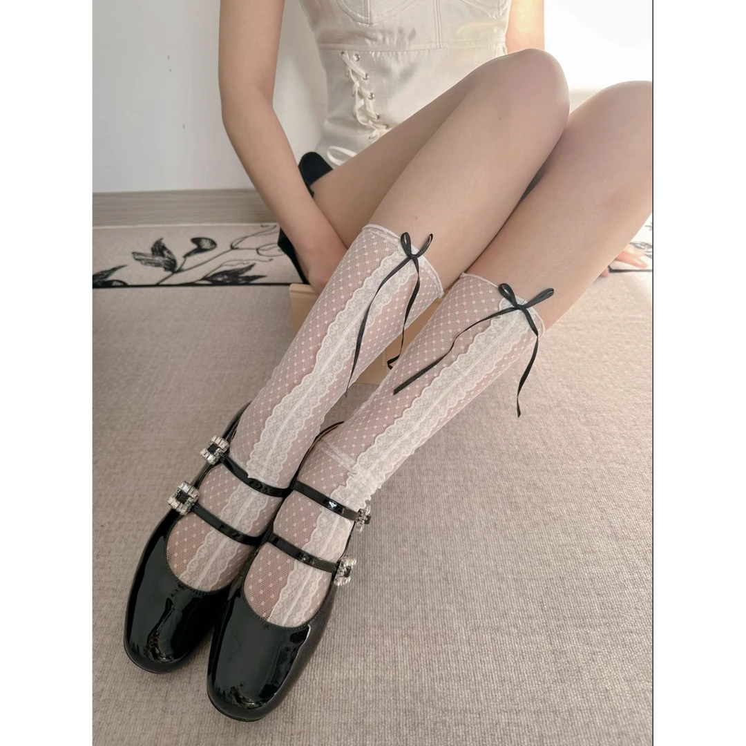 复古少女蝴蝶结蕾丝波点微透弹力堆堆袜春夏芭蕾风网纱中筒袜子女