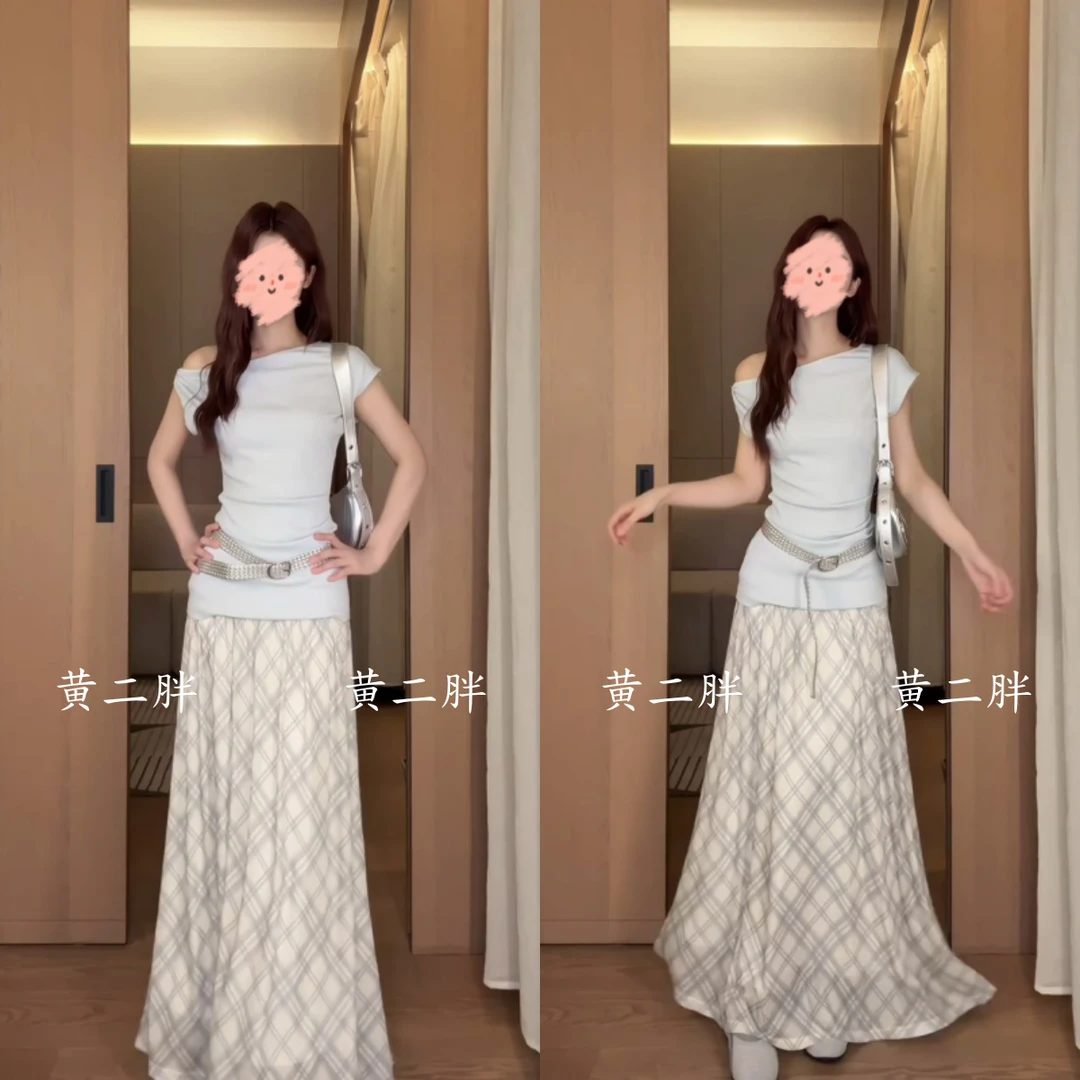 露肩短袖T恤女夏季新款格子半身裙高腰显瘦a字裙子气质两件套2025