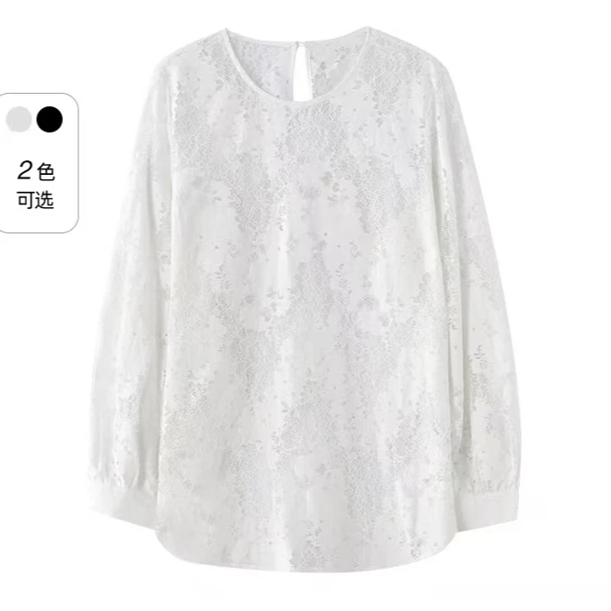春夏新款蕾丝时尚休闲百搭宽松圆领长袖T恤女