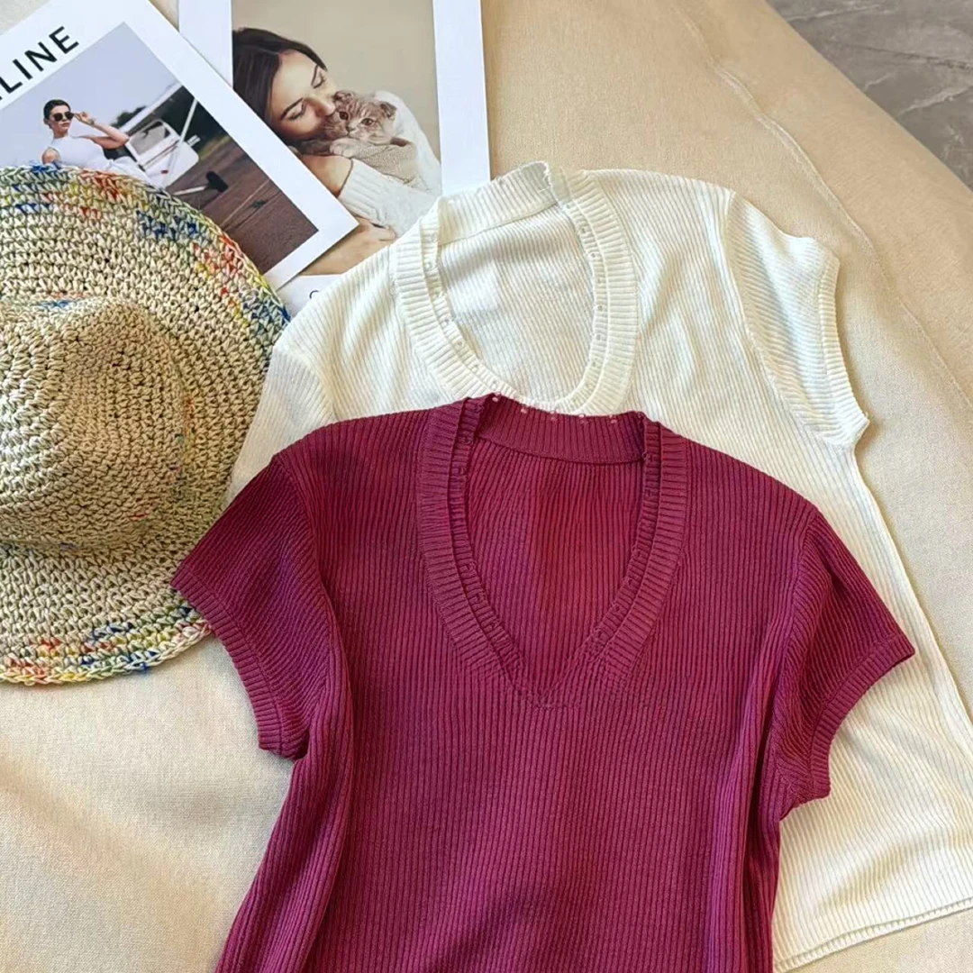 2025夏季新款设计感显瘦U领小众破口洞纯色显瘦针织上衣H7-18