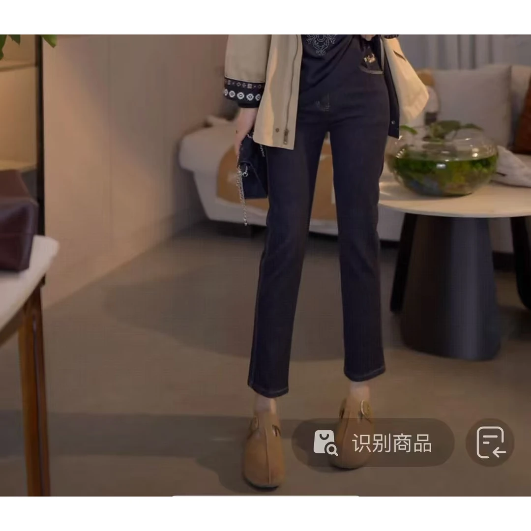 『落日余晖J』加绒 高腰普洗蓝百搭烟管直筒修身牛仔裤28063