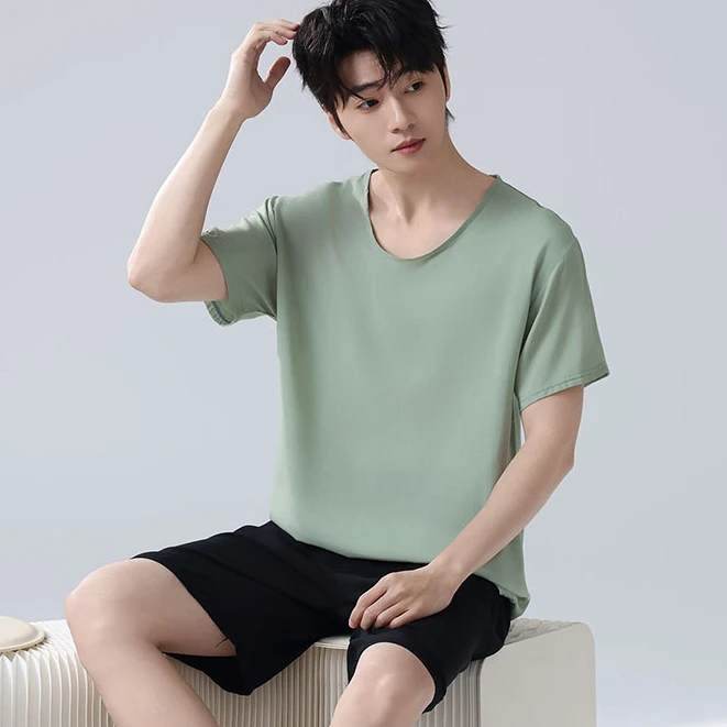 男士夏天棉绸睡衣睡裤2025新款纯色空调家居服人造棉绵绸两件套装