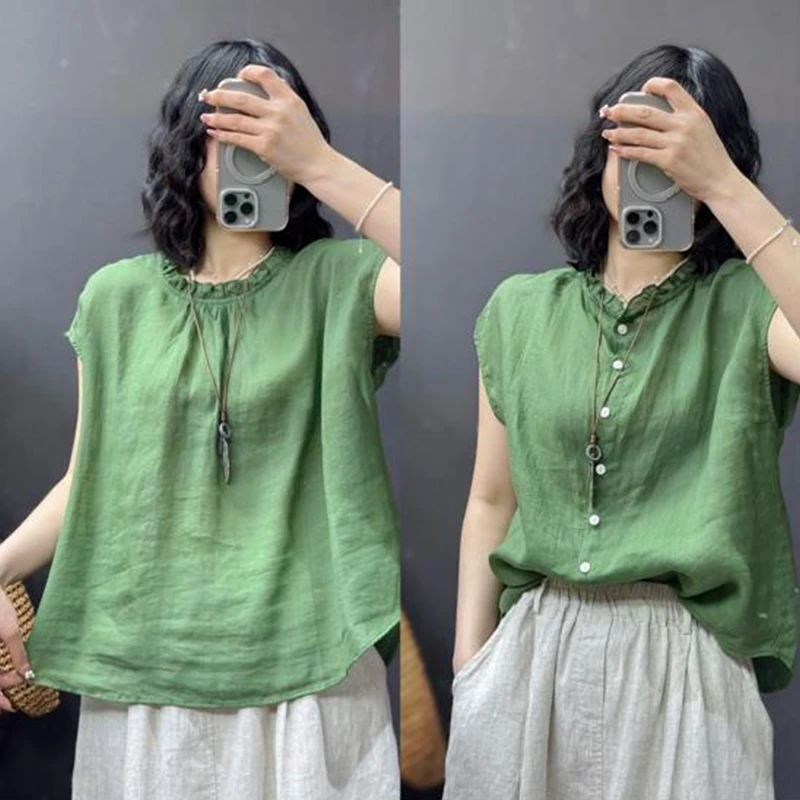 时尚简约高级感上衣2025夏季花边领T恤飞袖背心上衣女