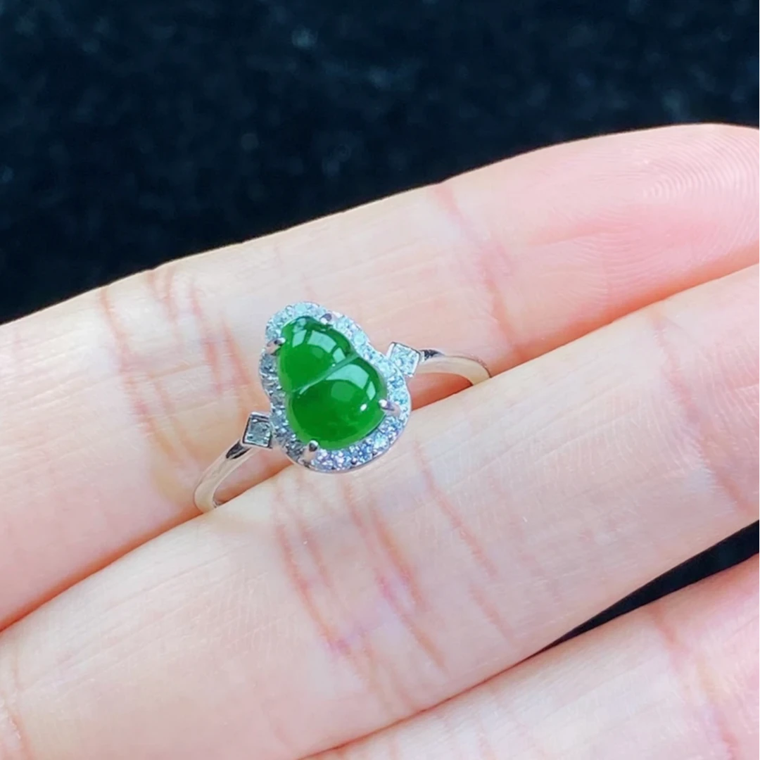 天然A货翡翠阳绿葫芦银镶戒指