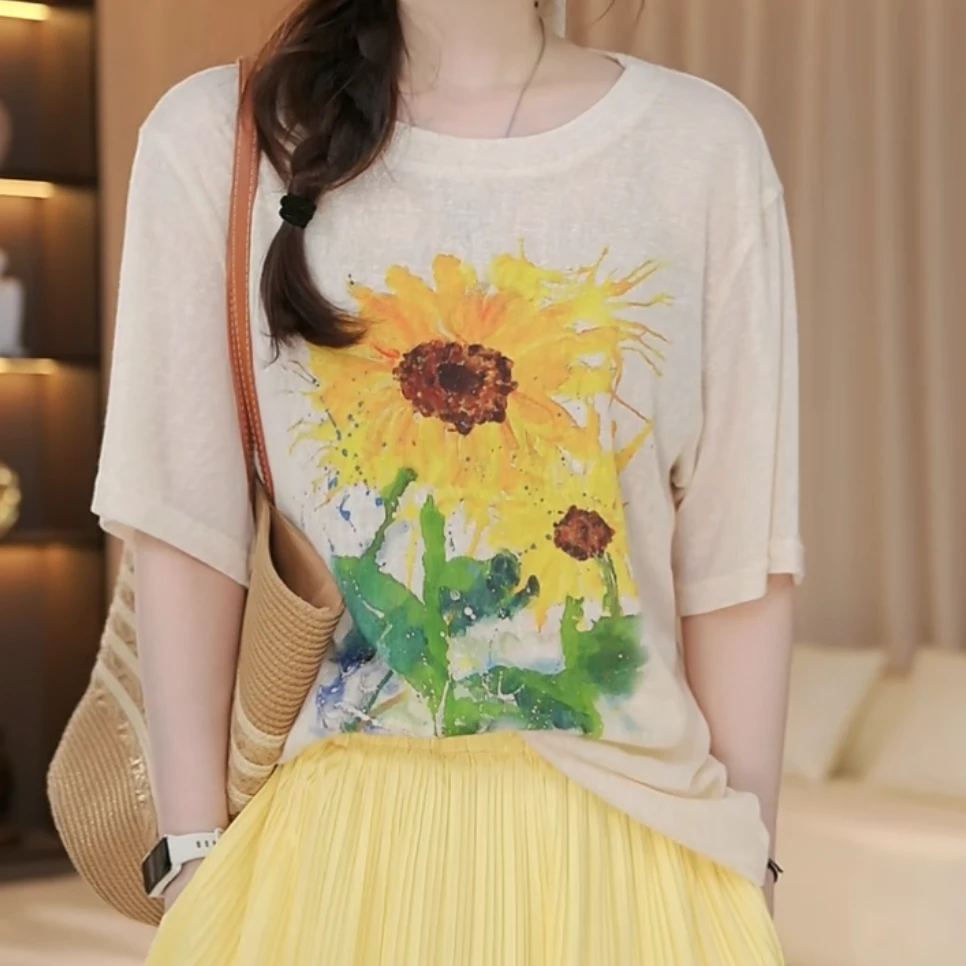 时尚设计师卡通百搭休闲短袖圆领T恤女2025夏季新款宽松短袖上衣