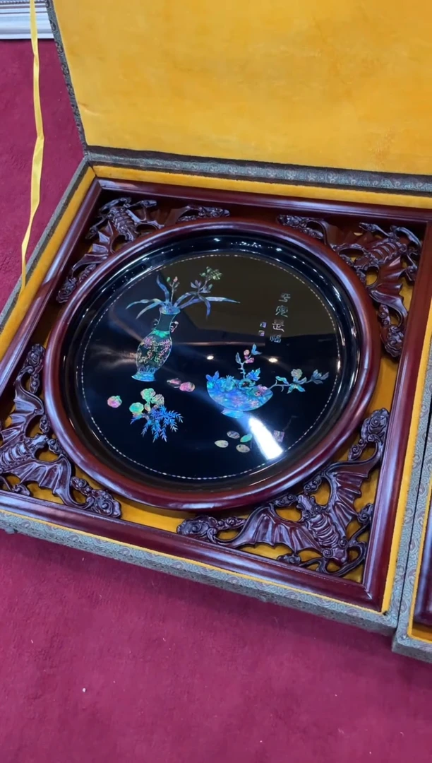 格*妈扬州漆器厂点螺32圆平安是福挂屏