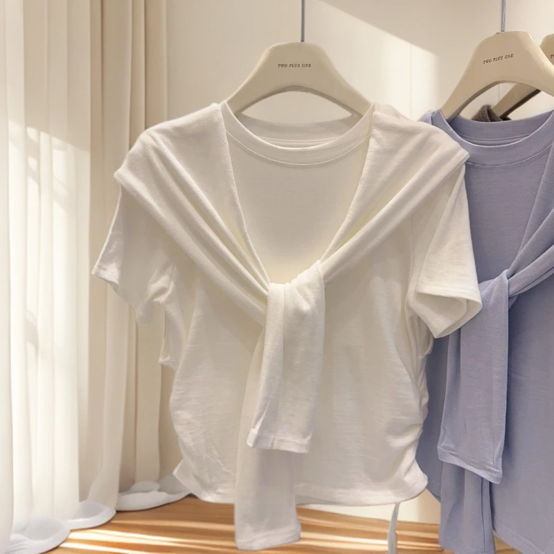 超手感莫代尔棉设计感小众披肩假两件T恤女短袖上衣纯色短款上衣