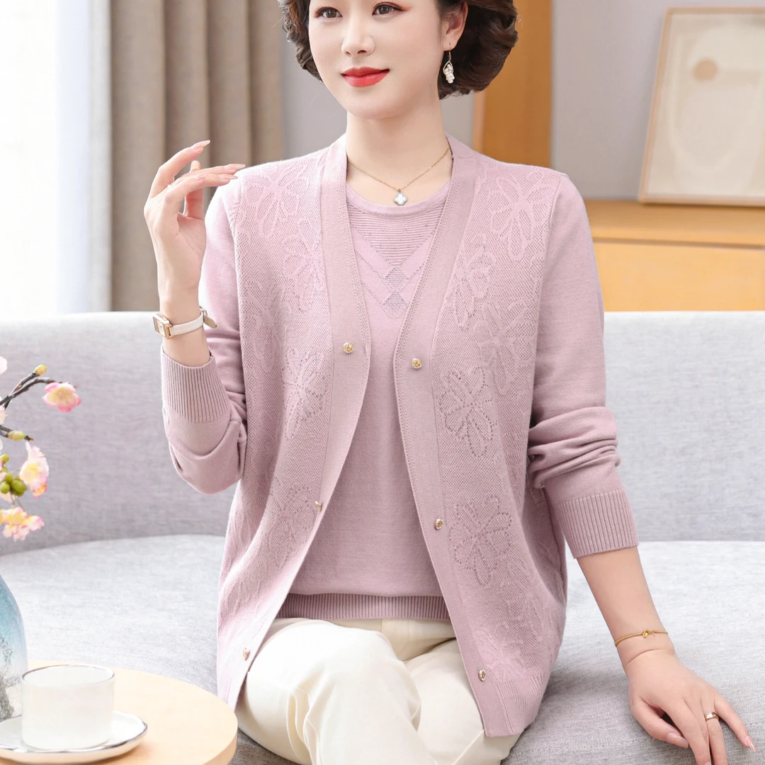 妈妈秋装针织衫两件套洋气外套2025新款中老年人女夏装上衣开衫薄