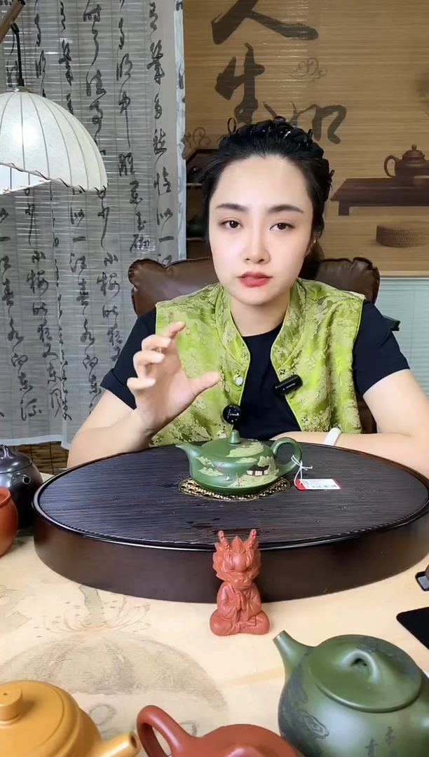 茶壶紫砂翡翠绿泥泥绘山水曲壶
