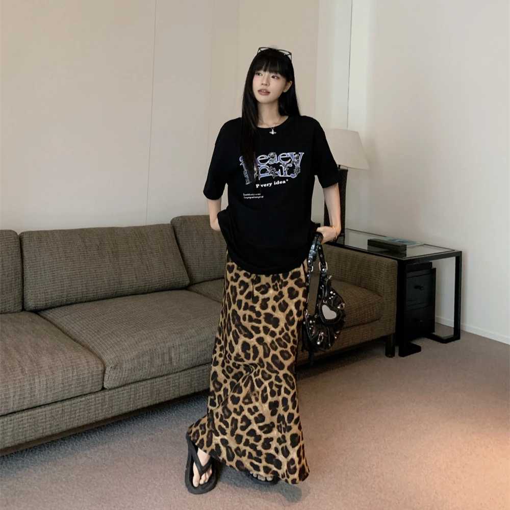 甜酷辣妹豹纹半身裙女夏季新款时尚气质高腰显瘦包臀鱼尾长裙
