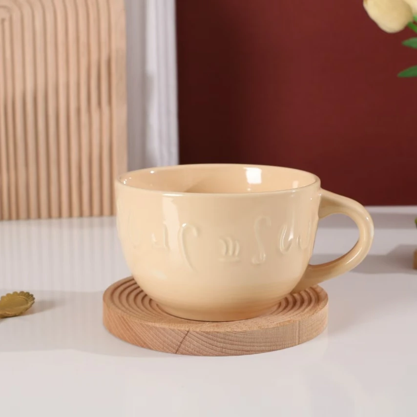 法式浮雕陶瓷早餐杯马克杯字母杯咖啡杯燕麦杯防烫把杯