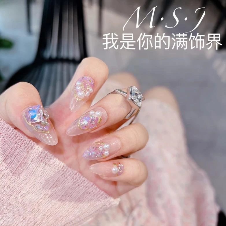 「粉雾花海」奢钻饰网红穿戴甲手工美甲纯欲冰透甲片