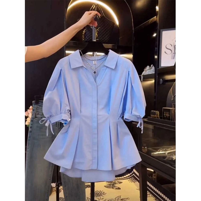 大码女夏季收腰短袖衬衫胖mm显瘦泡泡袖法式小衫独特别致半袖上衣