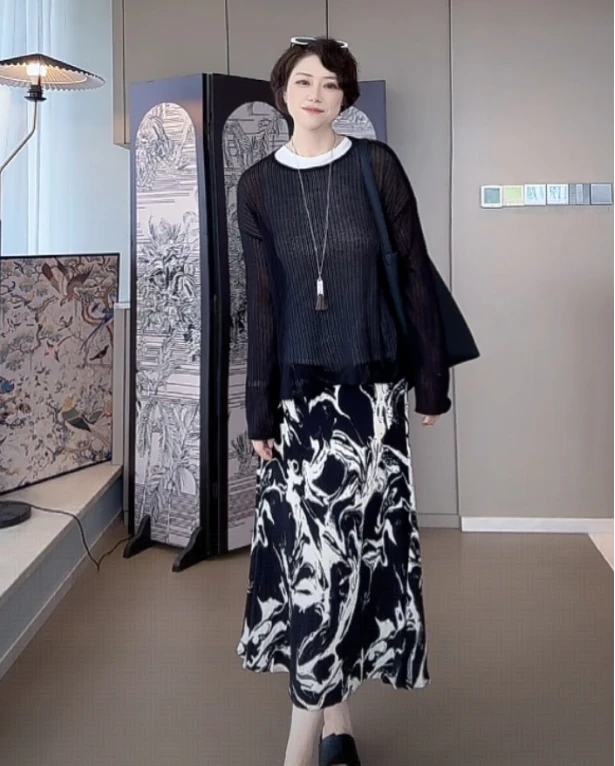 【U.M】半身裙印花风铃高腰中长款裙子