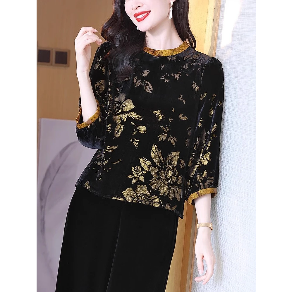 【13628】桑蚕丝烂花绡小衫圆领七分袖时尚复古上衣