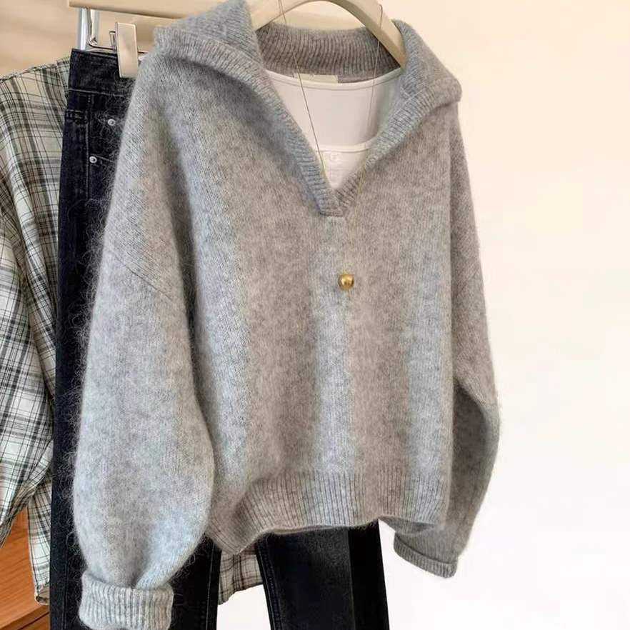 灰色时尚套头毛衣女秋冬季春游新款翻领慵懒风韩版休闲针织上衣女
