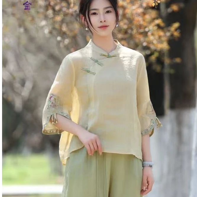 2025夏款【孤品125~277】中式国风立领喇叭袖飘带百搭小衫