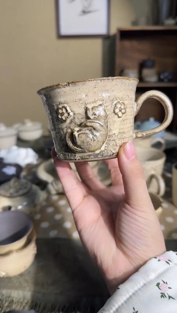 瓷片啊*手作立体雕刻花与猫咖啡杯
