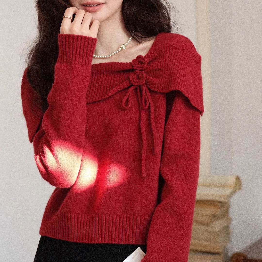 【岩心】大码女装300斤胖MM时尚设计感甜美花朵复古毛针织衫10270