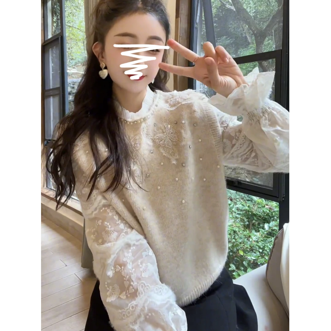 白月光春上新款钉钻蝴蝶结马甲毛衣蕾丝打底超美两件套一整套套装
