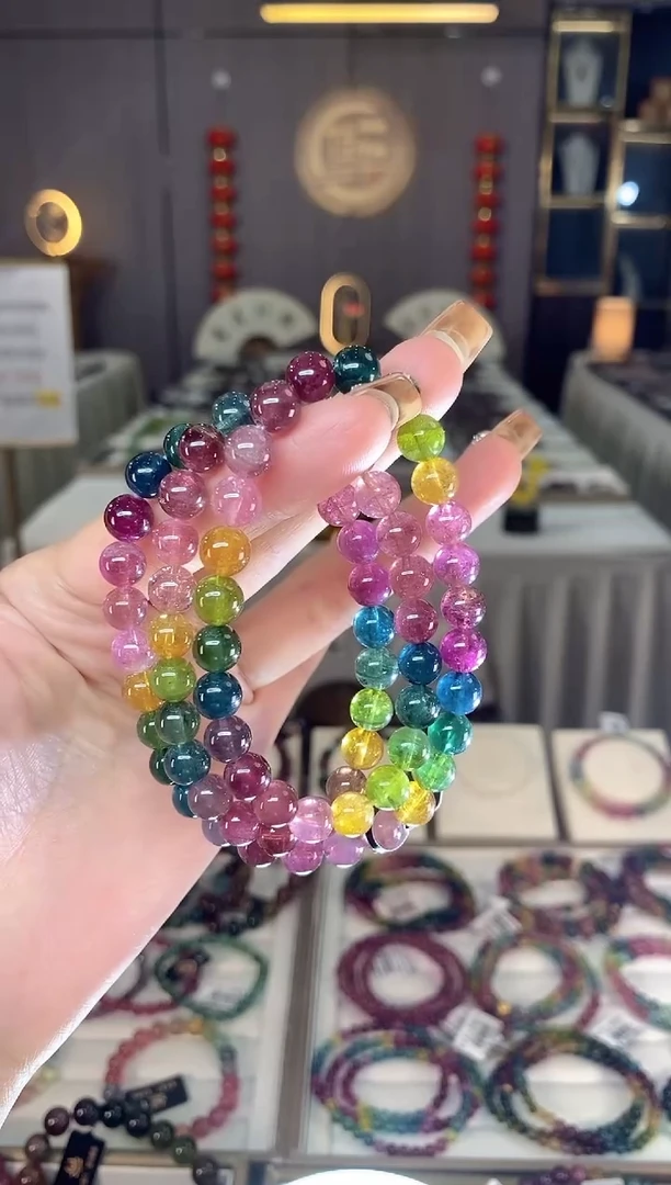 未镶嵌老矿碧玺色标彩虹三圈手串7mm+碧玺dan多样性发货一条
