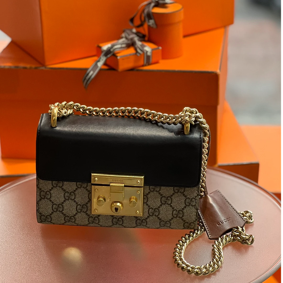 95新 GUCCI/古驰 Padlock月光宝盒老花拼色小号链条包/公18500