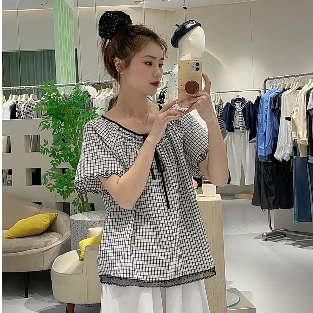 艾然夏季上新波浪花边格子小衫韩系领家妹妹1256