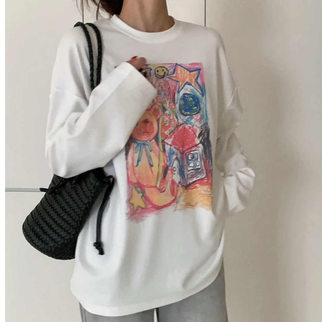 【梦幻涂鸦小熊】星星春款加厚圆领宽松休闲气质女打底衫长袖女上衣